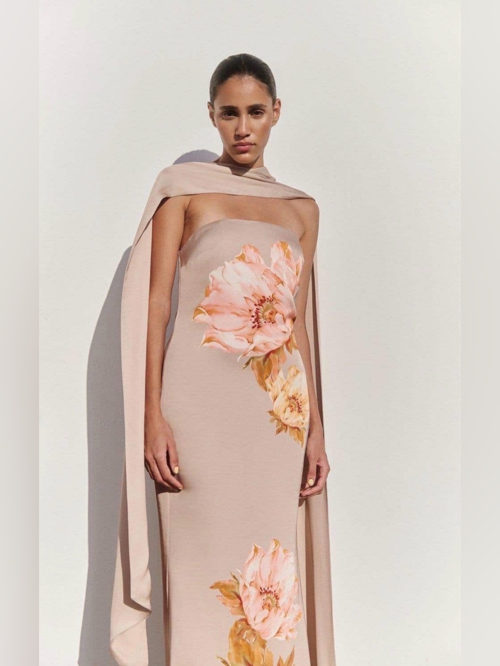 By Malina wedding guest Strapless Beige Floral Column Gown - Picture 2 of 4